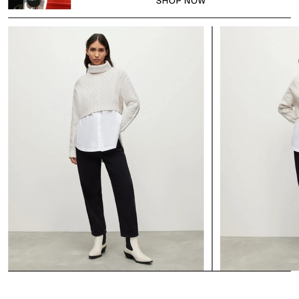 AllSaints Cream Cropped Cable Turtleneck Sweater